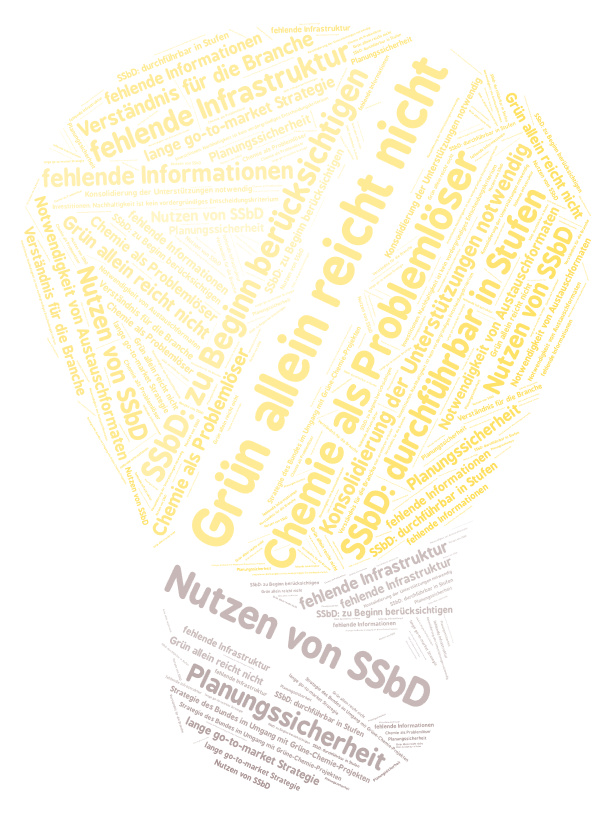 Feedback zur Frage: Was sind Ihre Take-Home-Messages? Feedback der Teilnehmenen zu den Take-Home-Messages. Es wurden genannt: Grün allein reicht nicht, Planungssicherheit ist wichtig, Nutzen von SSbD, SSbD ist in Stufen durchführbar.